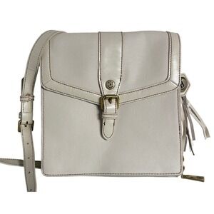JW Hulme Cream Textured Leather Crossbody Organizer Bag Tassel Brass Hardware
